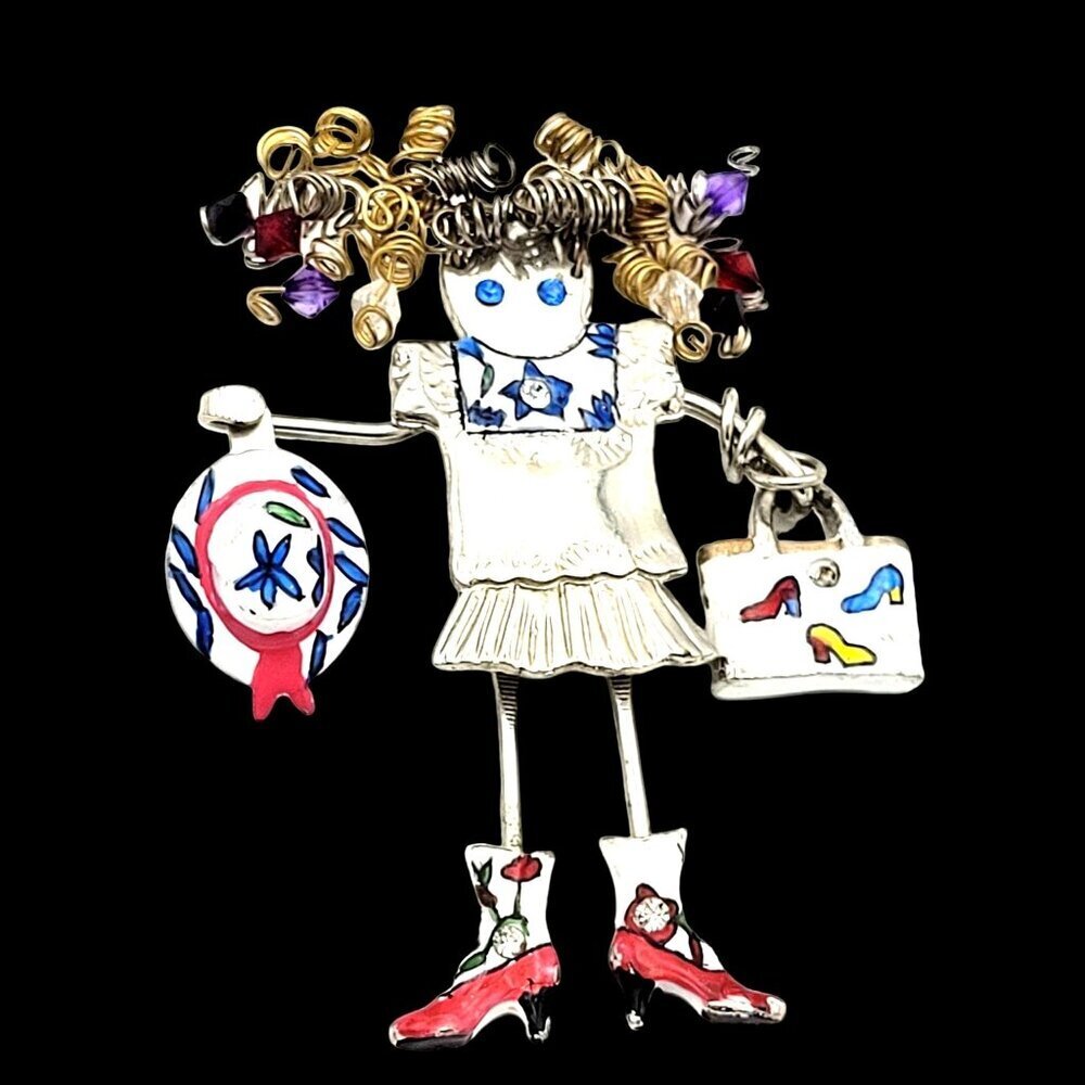 GANZ Carrette Enameled Metal Doll Brooch SHOPPING GIRL Wired Hair Moving Parts